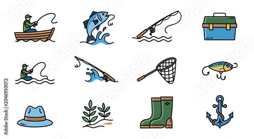 Tableau sur toile Fisherman catches big fish in boat on lake with fishing gear