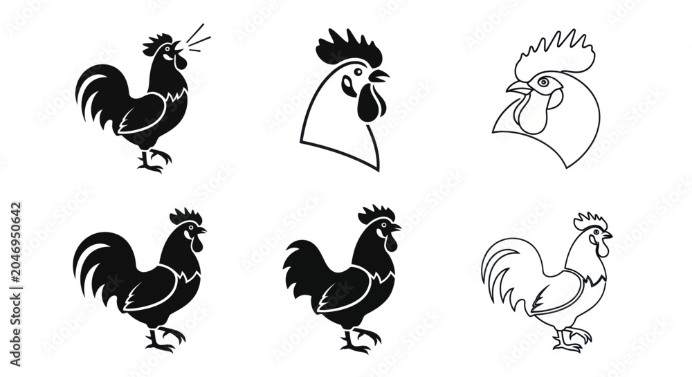 Obraz premium Collection of six rooster illustrations in various styles and poses.
