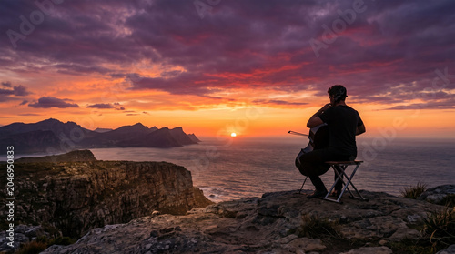 A wide-angle landscape shot of a soloist performing outdoors on a cliffs edge at sunset, the Cello standing vertically next to their small, portable stool, 