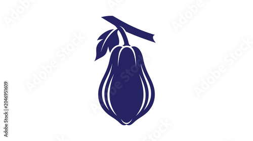 Minimalist blue graphic icon of cacao fruit on branch with chocolate minimalist silhouette agriculture botanical ingredient isolated cultivation tropical industry commodity superfood