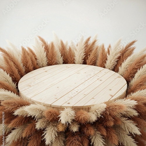 Minimalist 3D wooden stage platform with wheat stalks background