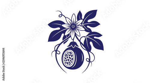 Detailed graphic illustration of passion fruit with flower exotic fruit passionfruit tropical botanical minimalist silhouette nutrition ingredient vegetarian isolated wholesome blooming
