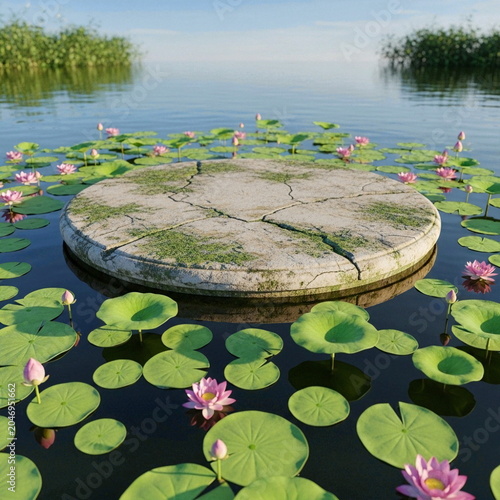 Circular stone platform floating on water with lily pads and lotus flowers