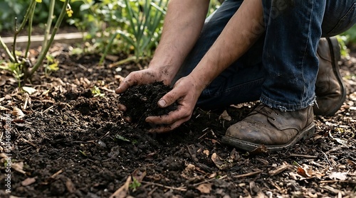 Person Holding Fresh Dark Soil In Outdoor Garden Area