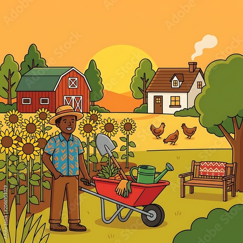 Happy Farmer Working In Sunny Field With Sunflowers And Garden Tools