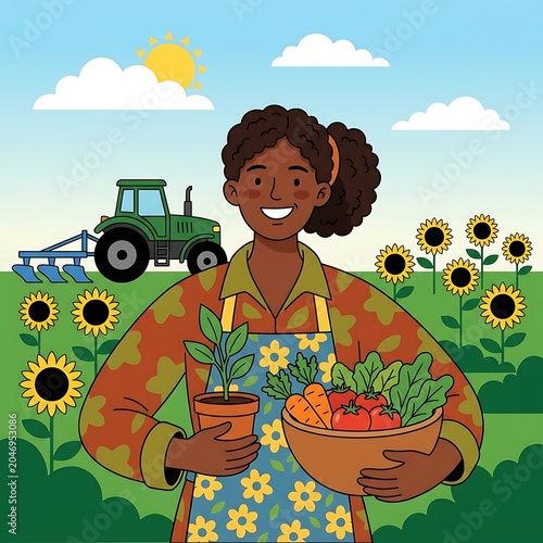 Happy Farmer Holding Fresh Vegetables And Seedling In Sunny Field