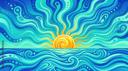 Vibrant sun rises over stylized ocean waves with swirling patterns