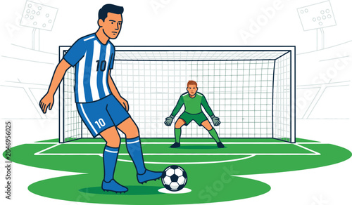 Soccer player preparing to kick ball towards goal with goalkeeper football goalkeeper shooting competition tournament training strategy athletic professional technique
