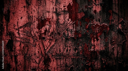 A grunge background with oxidized metal textures and red hues depicts a dark, industrial scene with abstract patterns and structures.