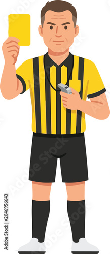 Soccer referee wearing black and yellow striped shirt holding up a yellow card with football official sanction disciplinary officiating sporting competition professional