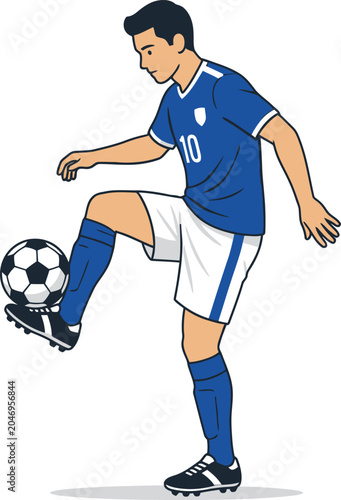 Male soccer player in blue jersey controlling a ball with football practice training exercise competition professional character illustration isolated standing
