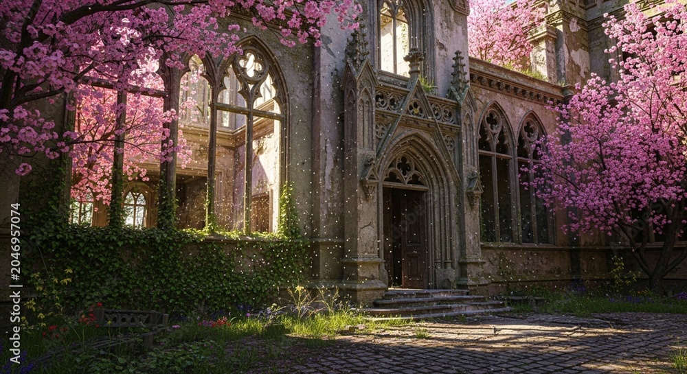 Obraz premium Abandoned stone mansion with pink cherry blossoms growing through broken vintage windows