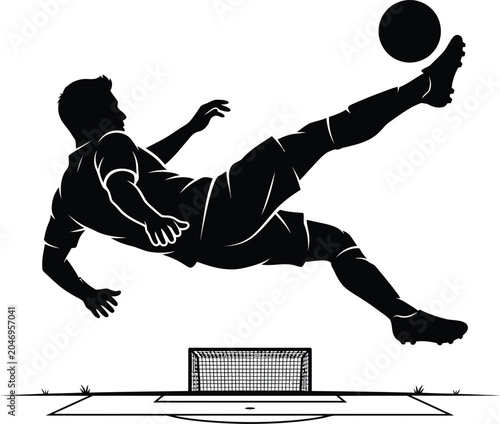 Silhouette illustration of a soccer player performing a bicycle kick with football silhouette movement exercise training competition illustration minimalist championship
