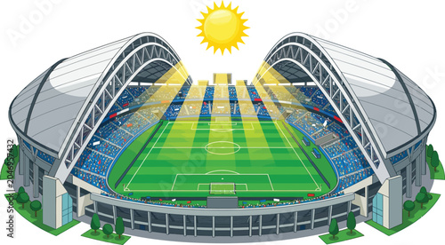 Modern soccer stadium interior with bright sun shining overhead and professional floodlights lighting up the grassy field in colors football lighting recreation competition