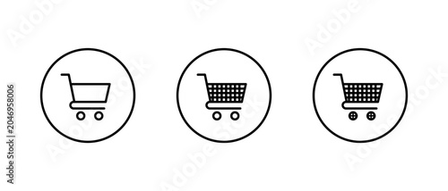 Cart trolley icon set in circular outline. Retail basket symbol. Online purchase and checkout sign