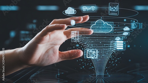 AI Productivity Reassessment - A hand interacts with a digital interface, highlighting an AI process encountering a bottleneck, symbolizing automation challenges in a modern, minimal UI.