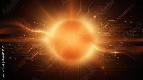 A vibrant orange solar flare erupts from a circuit board background with sparks and lights.