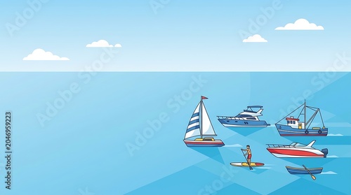 Collection of various boats and watercraft on a calm blue sea