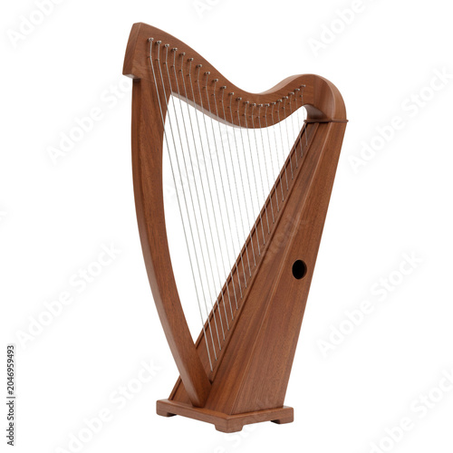 Wooden celtic harp with numerous strings, isolated on a white background, ready for use in music related designs.