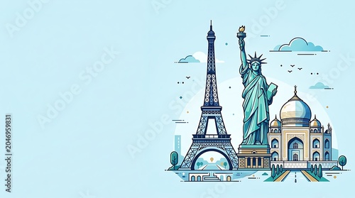 Minimalist illustration of famous global monuments on blue background