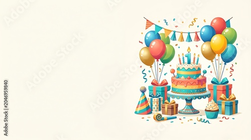 First birthday celebration with cake balloons and gifts on white