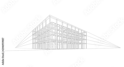 Architectural wireframe building in perspective showing construction lines