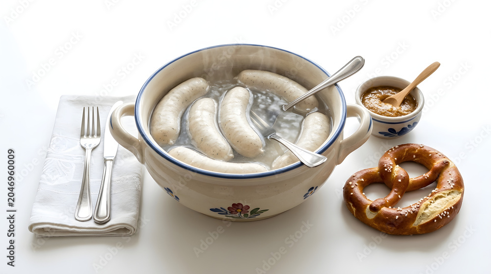 Obraz premium Traditional Bavarian Weißwurst white sausages served with sweet mustard, isolated on a pure white background