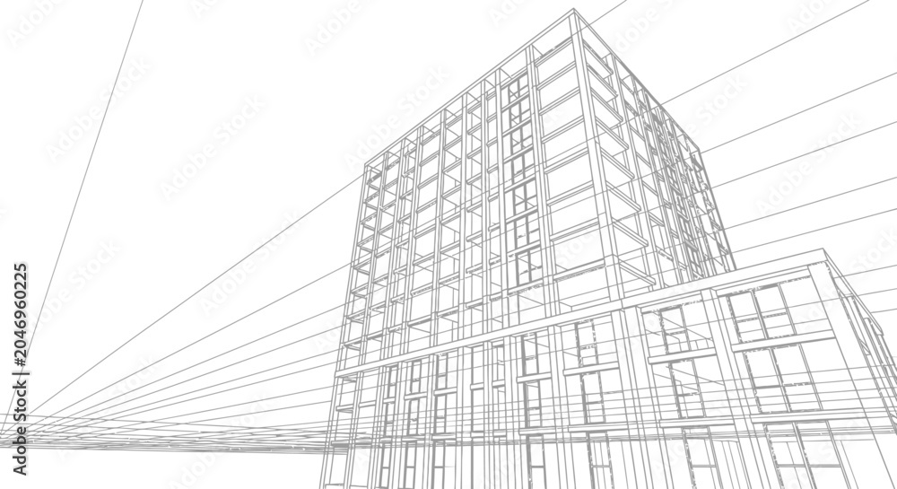 Fototapeta premium Architectural perspective wireframe drawing of a modern building