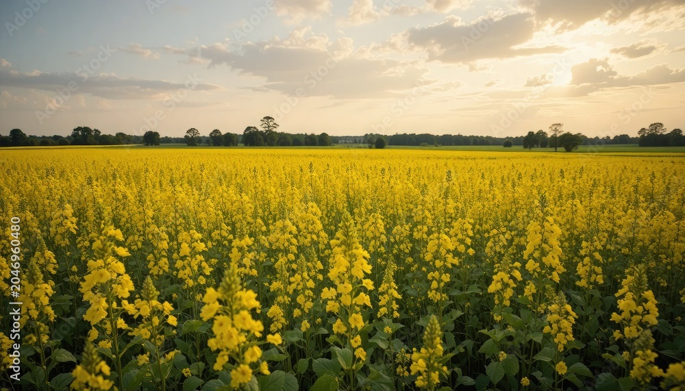 Fototapeta premium A serene landscape of a vast field of bright yellow flowers under a cloudy sky during sunset or sunrise with trees in the distance