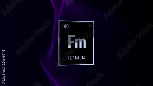 Fermium element periodic table 3D render on dark background