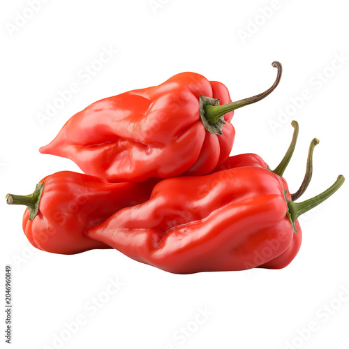 Stacked Scotch Bonnet Peppers with Glossy Red Skin and Curving Green Stems