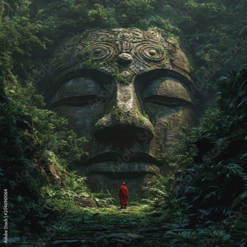 Huge ancient stone Buddha statue covered with moss and plants in dense forest with monk in red robe standing peacefully