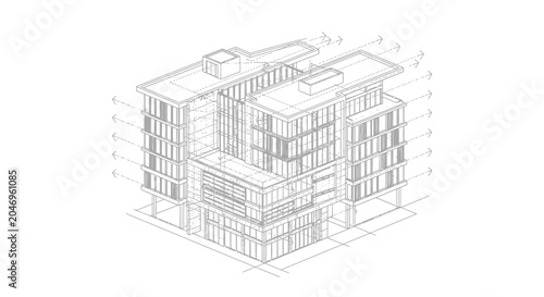 A technical drawing of a modern office building architectural structural wireframe