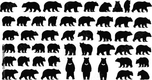 Black bear silhouette collection in various poses including walking, standing, sitting, and resting — wildlife animal vector icons
