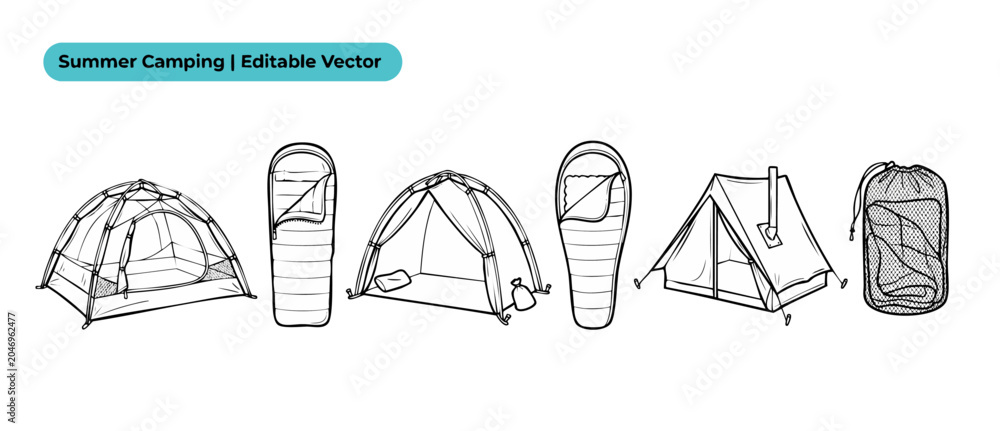 Fototapeta premium Camping tent sleeping bag vector icon set featuring line art illustrations of outdoor equipment, camping gear, dome tents, and adventure hiking accessories on white background for summer camping trip.