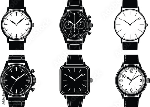 Tableau sur toile Black wristwatch silhouettes set, various analog and chronograph watch styles fo