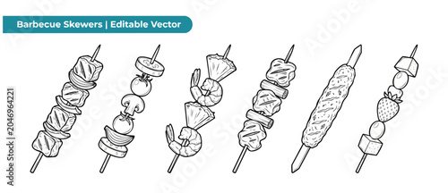 Barbecue skewers vector line art set showing grilled meat, shish kebab, shrimp, vegetables, and chicken yakitori stick illustrations for summer picnic bbq menu design, isolated coloring book outline.