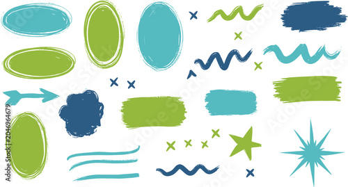 Blue and Green Brushstroke Elements, Decorative Shapes and Accents, Hand-painted Style, vector illustration