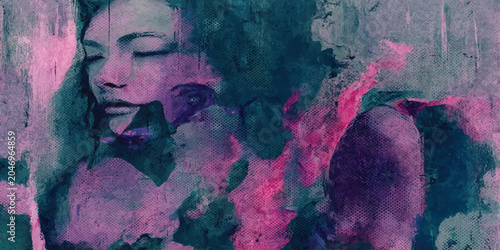 Abstract artistic portrait of a woman with pink and teal dual tone textured color overlay portrait artistic abstract creative aesthetic expression dramatic contrast composition contemporary