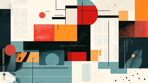Abstract Geometric Pattern with Red Orange Black and Blue Shapes in Modern Composition