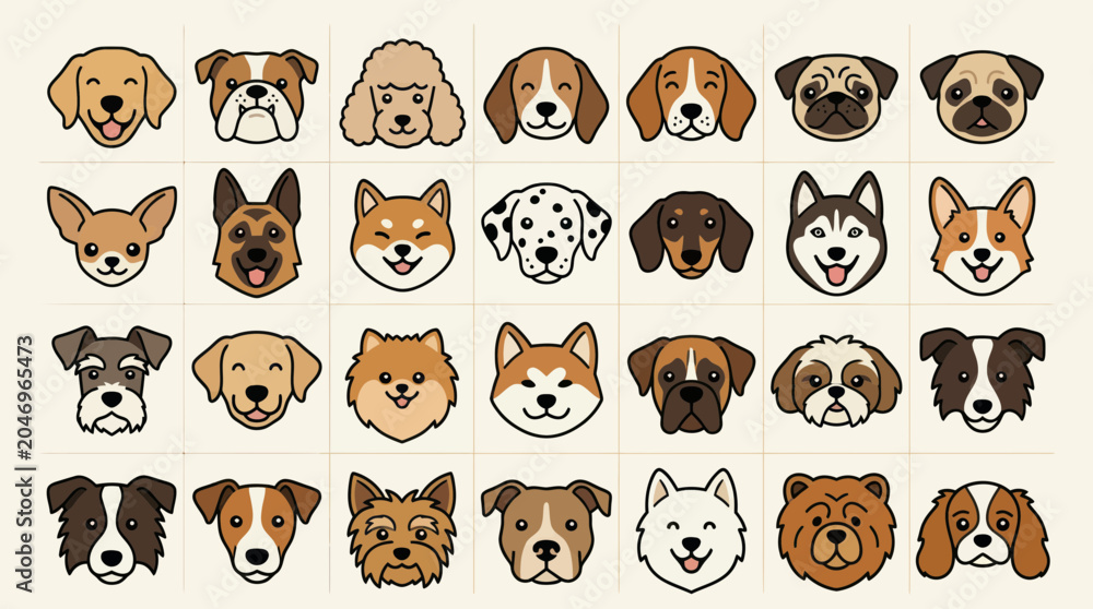 Fototapeta premium Diverse Dog Breeds Collection - Cute Cartoon Faces Vector Illustration