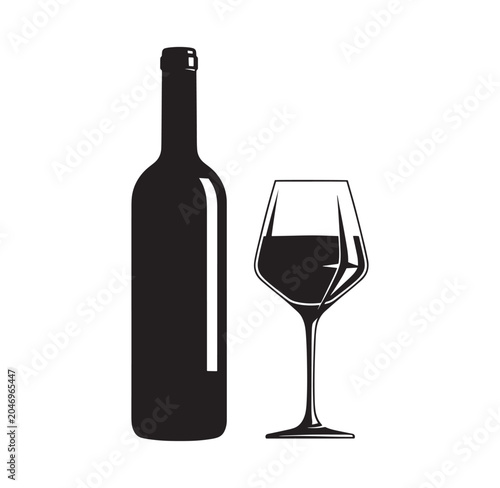 wine bottle and glass on white background for drinks and beverages concept