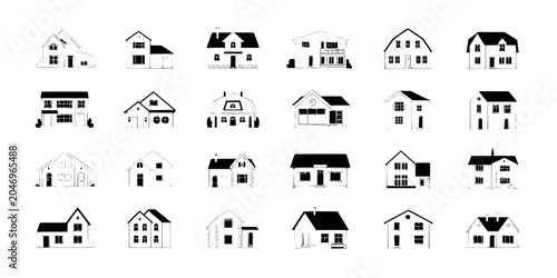 Houses Illustration Set with Various Architectural Styles and Designs Featuring Buildings, Homes, Residential with Modern and Traditional Elements