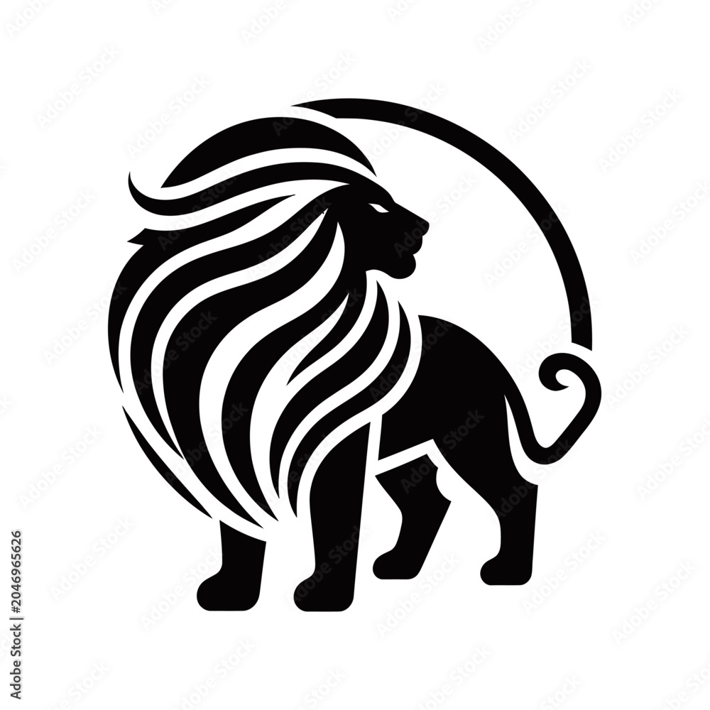 Obraz premium A striking black silhouette of a majestic lion with a flowing mane, standing within a partial circular frame.