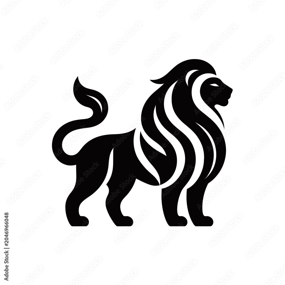 Obraz premium A stylized black lion with a flowing mane and tail, standing proudly on a white background, depicted as a strong and elegant emblem.