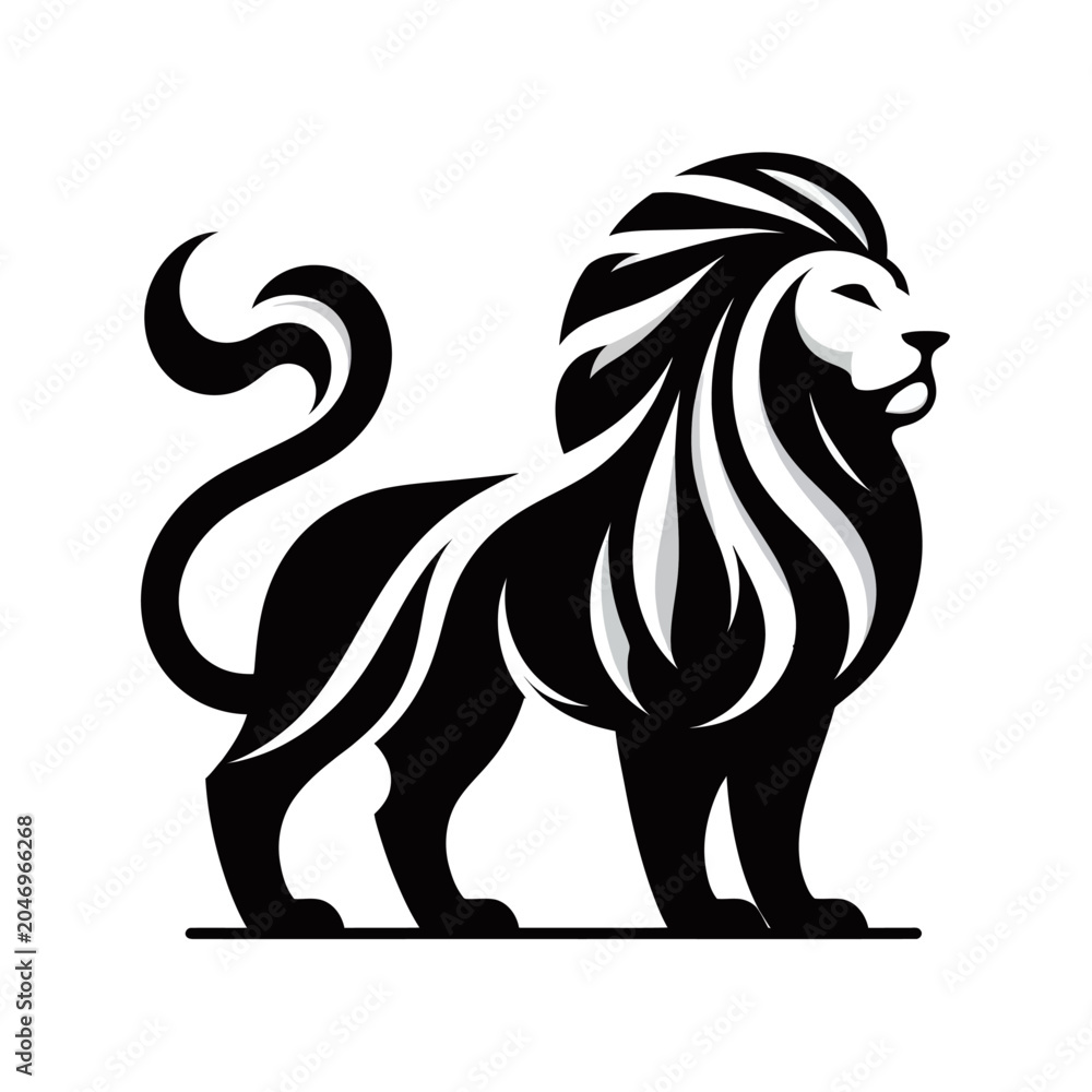 Obraz premium A stylized black and white illustration of a majestic lion with a flowing mane and tail.