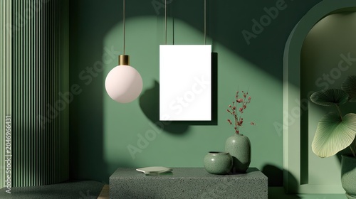 Minimalist interior scene showcases a blank hanging poster framed by contemporary decor and natural light