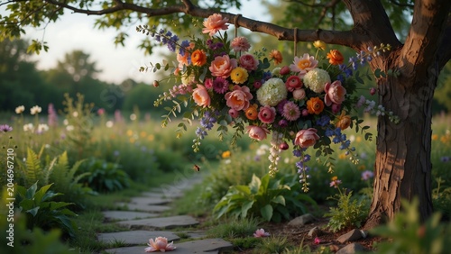 Vibrant flower bouquet hanging from tree branch in serene garden with stone pathway