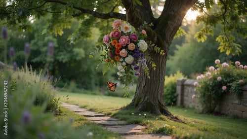 Vibrant floral arrangement hanging from tree branch in serene garden with butterfly