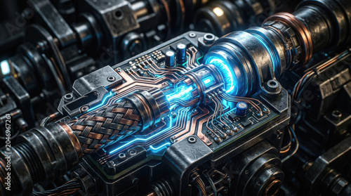 Futuristic engine cyberpunk technology glowing circuit sci fi machine high tech device electric energy metallic cable power core futuristic engine